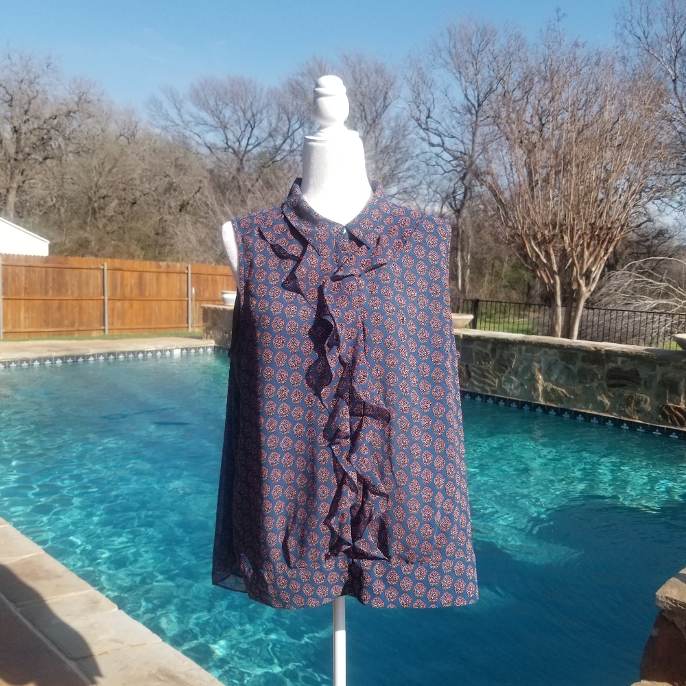 CAbi Navy Blue Sleeveless Ruffle Front Blouse